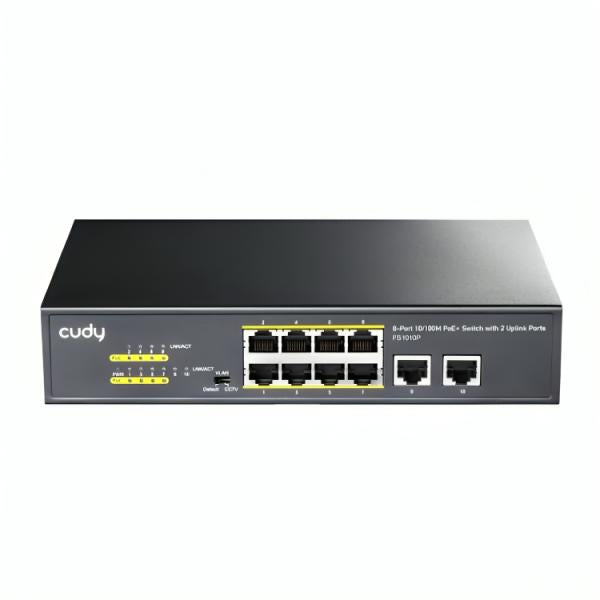 SWITCH CUDY FS1010P 1.0 PUERTOS 8× FE RJ45 POE/ 2× ENLACE ASCENDENTE GBE 120W 10/100 MBPS NO ADMINISTRABLE NEGRO