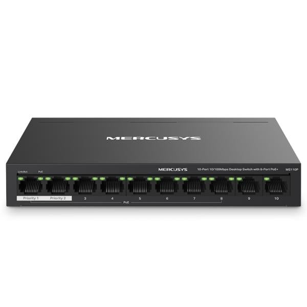 SWITCH MERCUSYS MS110P(UN) 10 PUERTOS RJ45 CON 8 PUERTOS POE+10/100 MBPS NEGRO