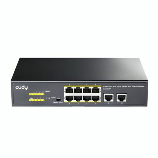 SWITCH CUDY FS1010P 1.0 PUERTOS 8× FE RJ45 POE/ 2× ENLACE ASCENDENTE GBE 120W 10/100 MBPS  NO ADMINISTRABLE NEGRO