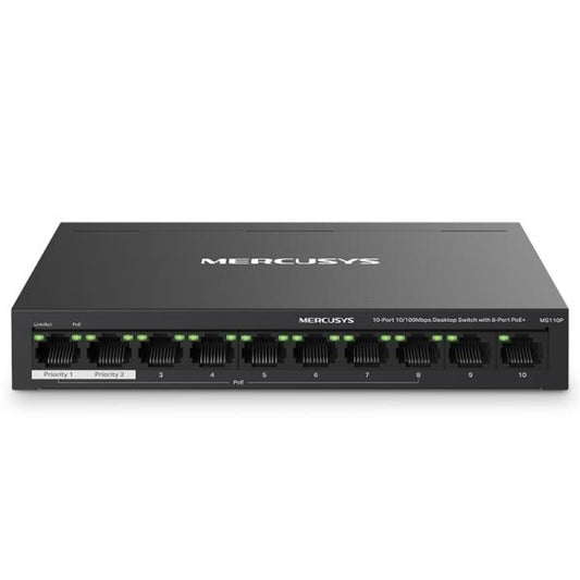 SWITCH MERCUSYS MS110P(UN) 10 PUERTOS RJ45 CON 8 PUERTOS POE+10/100 MBPS NEGRO