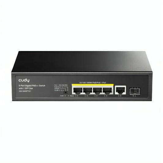 SWITCH  CUDY  GS1005PTS1 1.0 PUERTOS 4× GIGABIT RJ45 POE/ 1× SFP  120 W 1000 MBPS NO ADMINISTRABLE NEGRO