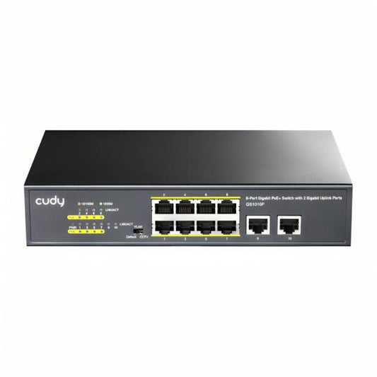 SWITCH  CUDY  GS1010P 1.0  PUERTOS 8× GBE POE RJ45/ 2× ENLACE ASCENDENTE GBE 120 W  10/100/1000 MBPS  NO ADMINISTRABLE NEGRO
