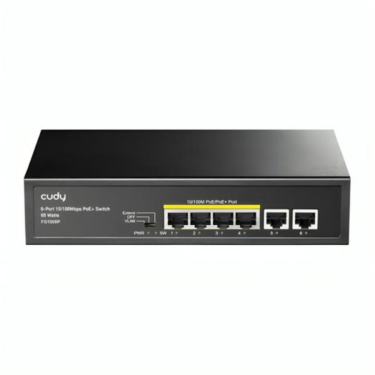 SWITCH  CUDY  FS1006P 2.0  PUERTOS 4× FE RJ45 POE/2× ENLACE ASCENDENTE FE 120 W 10/100 MBPS  NO ADMINISTRABLE NEGRO