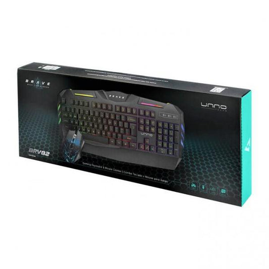 TECLADO Y MOUSE GAMING RGB UNNO TEKNO BRAVE BRV82 ALÁMBRICO USB INGLÉS KB6782BK NEGRO